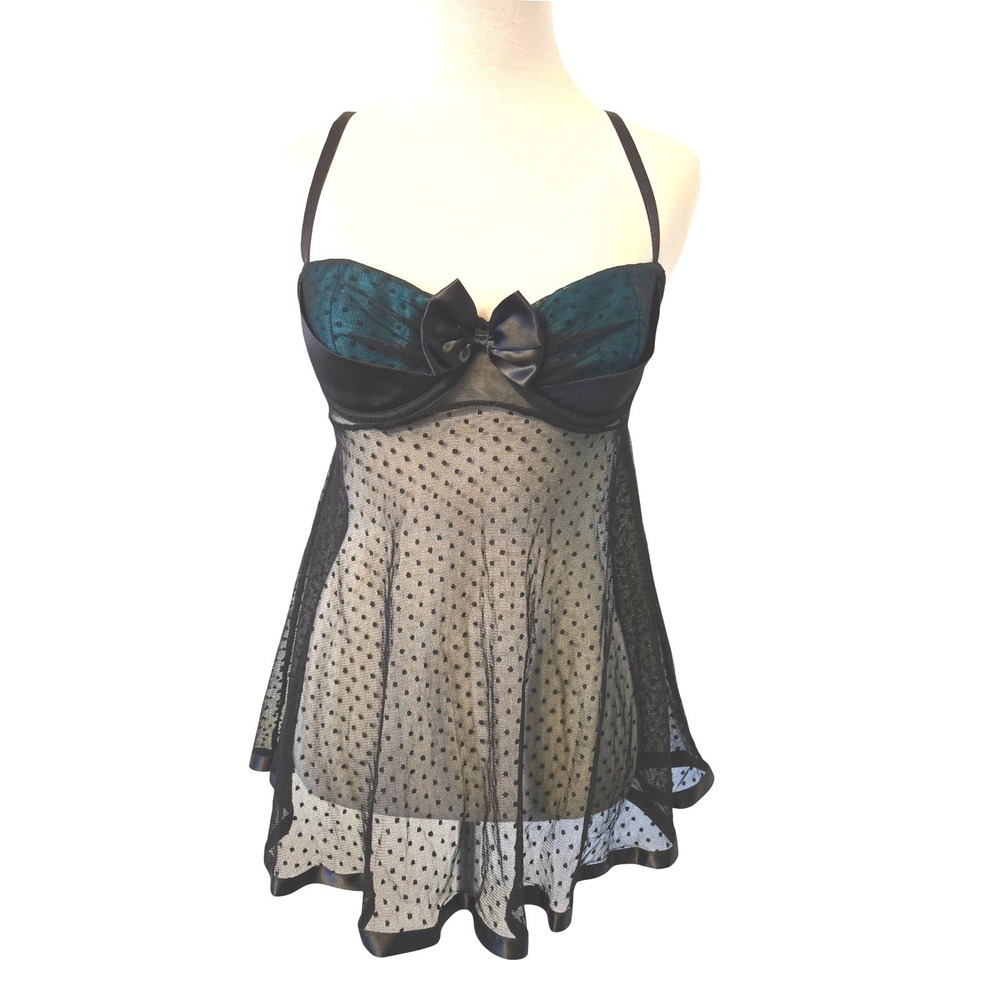 Shirley of Hollywood Black Swiss Dot Mesh Babydoll Chemise Whimsigoth Lingerie M